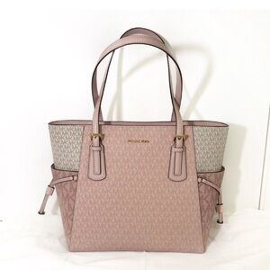 🆕 MICHAEL KORS Voyager Large Color-Block Signature Logo Tote Bag with pink